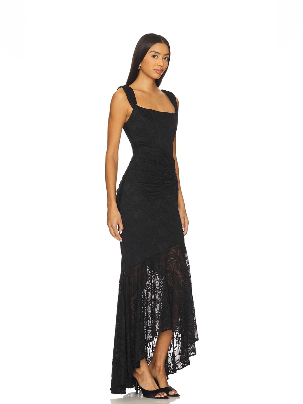 Black Lace Ruched Maxi Dress with Square Neckline (Revolve) (New With Tags) - Picture 2 of 6
